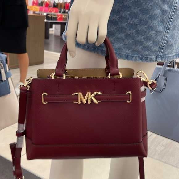 Michael Kors Reed Small Dark Cherry Leather Center Zip Belted Satchel Bag Purse - Picture 3 of 16